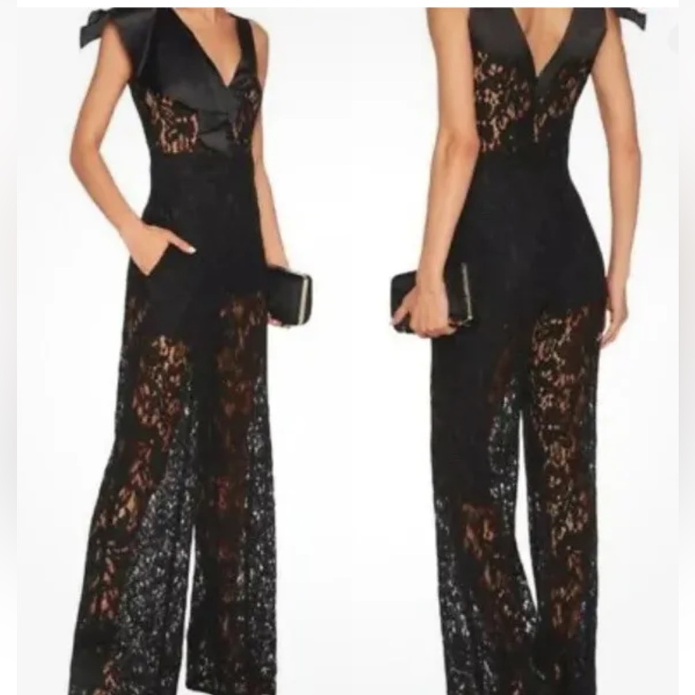 ALEXIS Intermix *Oscar* black nude lace one shoulder ruffle jumpsuit L